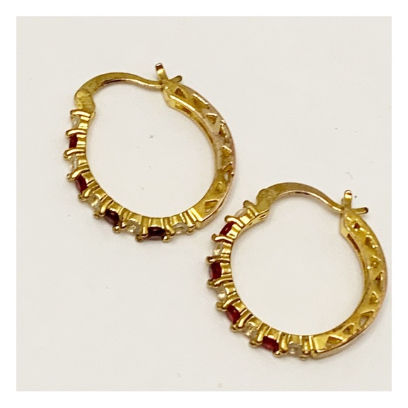 Gold tone hoop earrings with red and clear stones - Picture 7 of 11